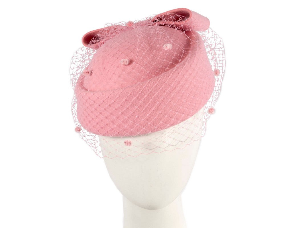 Pink felt pillbox hat with face veil by Max Alexander-0